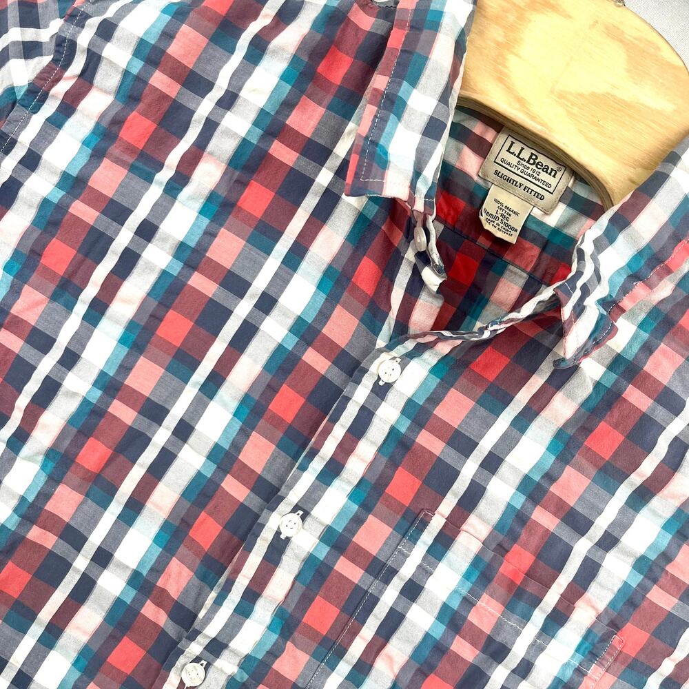 L.L. Bean Organic Cotton Large Button Up Fitted Seersucker Short Sleeve Coral